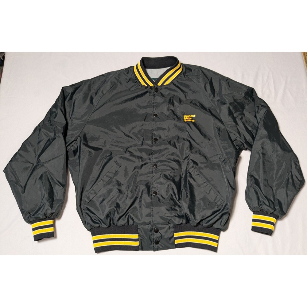 VTG DUNBROOKE x PAYLESS SHOE Men 2XL Black‎ Satin Bomber Windbreaker Made In USA